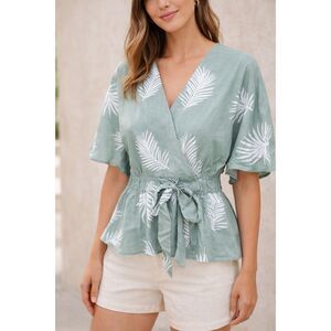 NWT Sweet Rain Tropical Palm Print Wrap Top Peplum Tie Waist Boho Blouse Size L